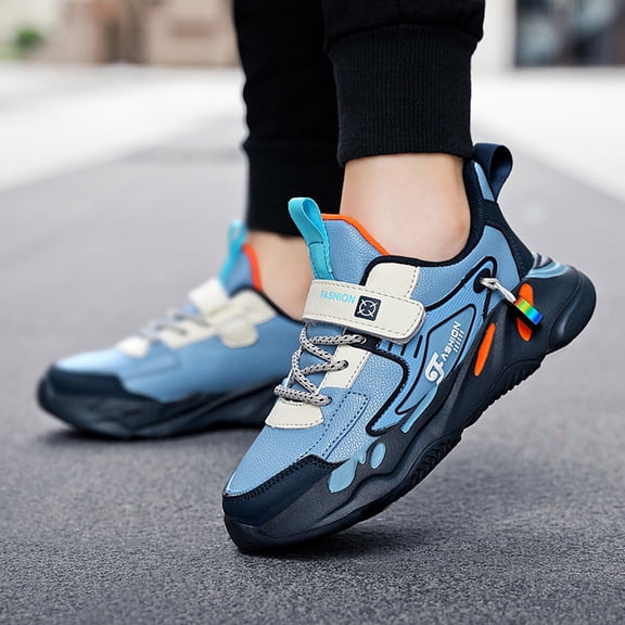 ZHOGXU Big Kids Boys Sneakers Soft Sole Non Color Block Lace Up Breathable Comfortable Lightweight Sports Shoes For Casual Daily Wear Blue 2.5-3 Years