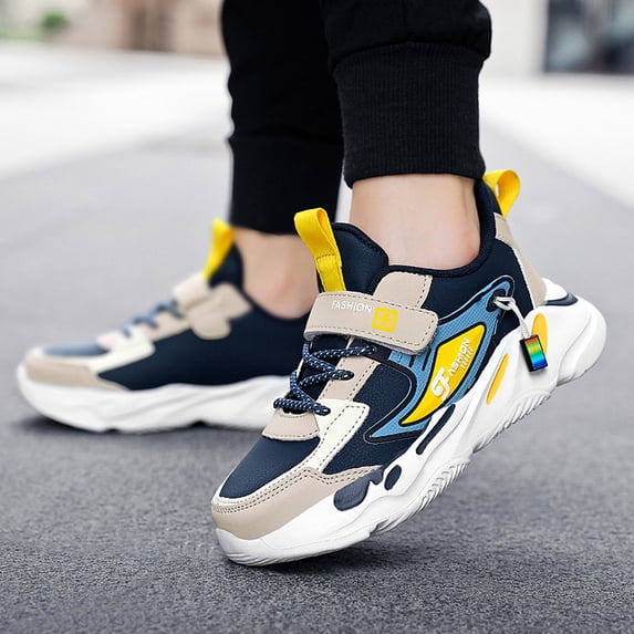 ZHOGXU Big Kids Boys Sneakers Soft Sole Non Color Block Lace Up Breathable Comfortable Lightweight Sports Shoes For Casual Daily Wear Dark Blue 5-5.5 Years