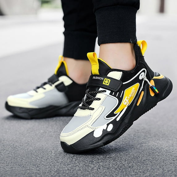ZHOGXU Big Kids Boys Sneakers Soft Sole Non Slip Color Block Lace Up Breathable Comfortable Lightweight Sports Shoes For Casual Daily Wear Yellow 3.5-4 Years
