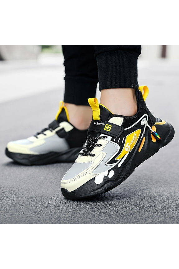 Big Kids Boys Sneakers Soft Sole Non Color Block Lace Up Breathable Comfortable Lightweight Sports Shoes For Casual Daily Wear Yellow 7-8 Years
