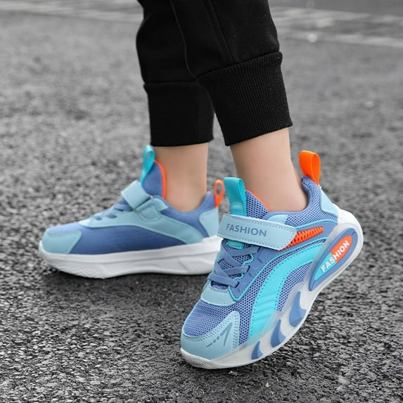 ZHOGXU Big Kids Boys Sneakers Soft Sole Non Color Block Lace Up Mesh Breathable Comfortable Lightweight Sports Shoes For Casual Daily Wear Blue 31