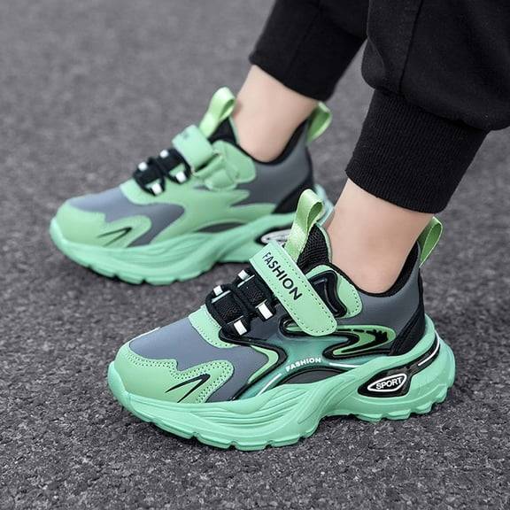 ZHOGXU Big Kids Boys Sneakers Soft Sole Non Color Block Lace Up Mesh Breathable Comfortable Lightweight Sports Shoes For Casual Daily Wear Green 36