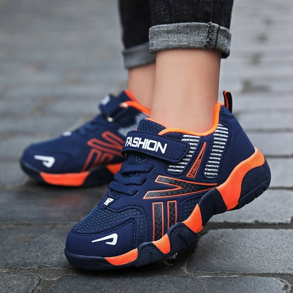 ZHOGXU Big Kids Boys Sneakers Soft Sole Non Color Block Lace Up Mesh Breathable Comfortable Lightweight Sports Shoes For Casual Daily Wear Orange 29