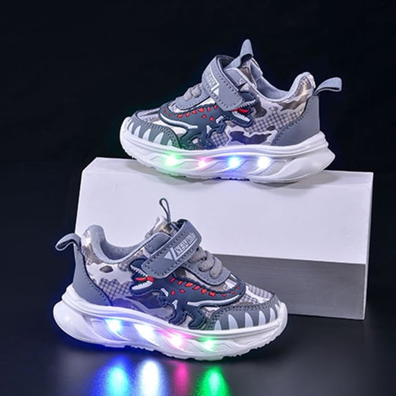 ZHOGXU Big Kids Boys Sneakers Soft Sole Non Dinosaurs Design Light Up Comfortable Breathable Casual Walking Shoes For Outdoor Activities Grey 4-4.5 Years