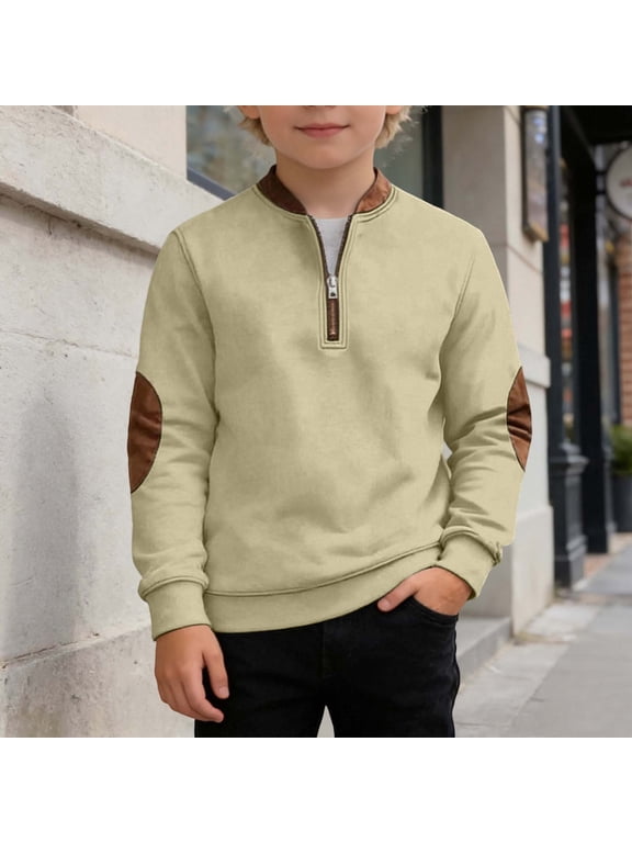Big Kids Boys Sweatshirt Long Sleeve Half Zipper Color Block Fashion Soft Comfortable Pullover For Casual Daily Wear Beige 4-5 Years