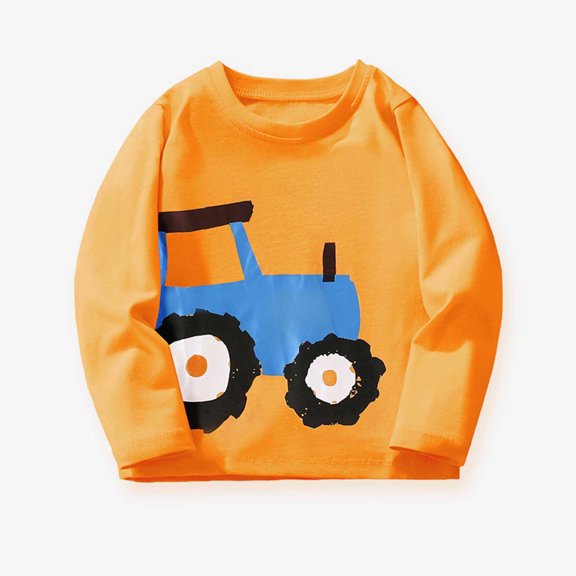 ZHOGXU Big Kids Boys T Shirt Long Sleeve Round Neck Cartoon Print Soft Comfortable Top Tee For Casual Daily Wear Orange 4-5 Years