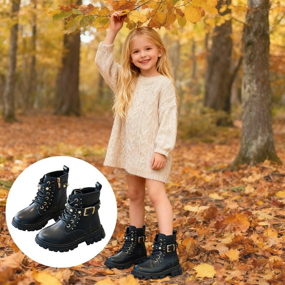 ZHOGXU Big Kids Girls Ankle Boots Solid Color Lace Up Side Zipper Flat Sole Comfortable Fashion Shoes For Outdoor Activities Daily Wear Black 10-11 Years