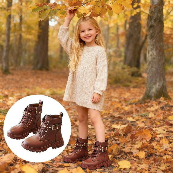 ZHOGXU Big Kids Girls Ankle Boots Solid Color Lace Up Side Zipper Flat Sole Comfortable Fashion Shoes For Outdoor Activities Daily Wear Brown 9-9.5 Years
