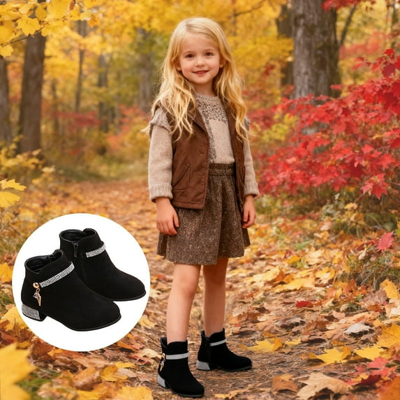 ZHOGXU Big Kids Girls Ankle Boots Solid Color Side Zipper Low Heel Rhinestone Design Comfortable Fashion Shoes For Outdoor Activities Daily Wear Black 4-4.5 Years