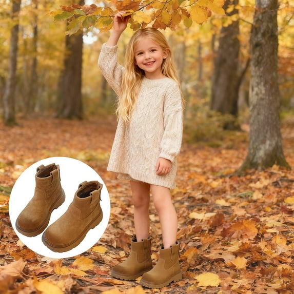 ZHOGXU Big Kids Girls Ankle Boots Solid Color Zipper Flat Sole Non Slip Plush Comfortable Fashion Warm Shoes For Autumn Winter Daily Wear Coffee 2-2.5 Years