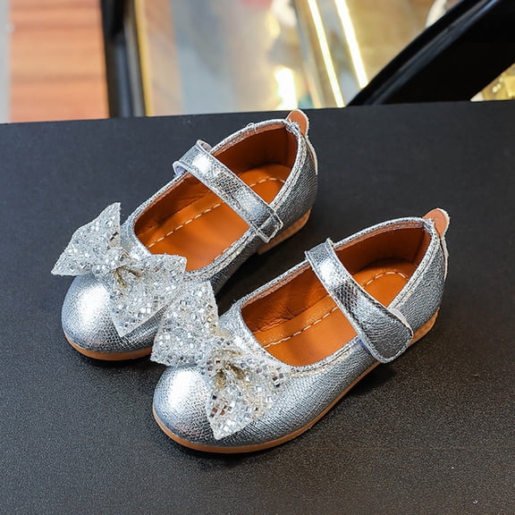 ZHOGXU Big Kids Girls Boots Cute Non Slip Flat Sole Soft Bottom Solid Color Sequin Bow Shiny Comfortable Dress Shoes For Daily Wear Performance Silver 6-7 Years