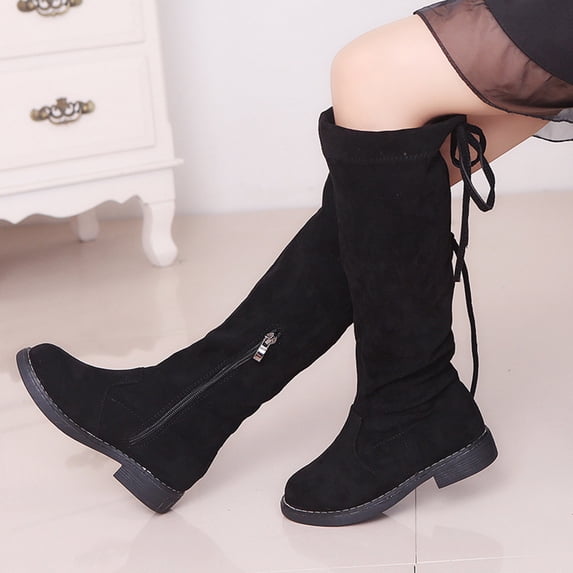 ZHOGXU Big Kids Girls Boots Non Flat Sole Solid Color Zipper Lace Up Fashion Breathable Shoes For Daily Wear Black 11-11.5 Years