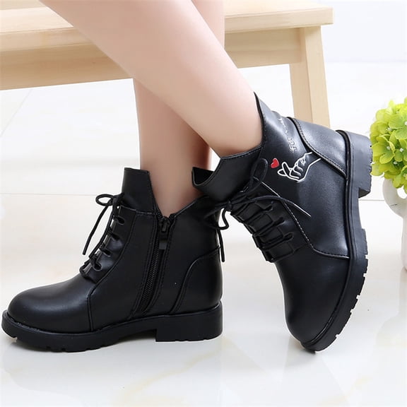 ZHOGXU Big Kids Girls Boots Side Zipper Plush Flat Sole Non Print Lace Up Warm Comfortable Fashion Shoes For Casual Daily Wear Black 11.5-12 Years