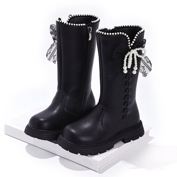 ZHOGXU Big Kids Girls Boots Solid Color Lace Up Side Zipper Flat Sole Bow Pearl Design Comfortable Fashion Shoes For Outdoor Activities Daily Wear Black 4-4.5 Years