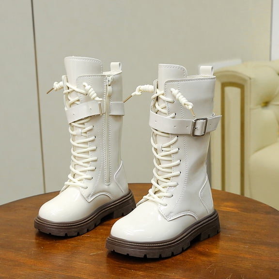 ZHOGXU Big Kids Girls Boots Solid Color Lace Up Side Zipper Flat Sole Comfortable Fashion Shoes For Outdoor Activities Daily Wear Beige 3.5-4 Years