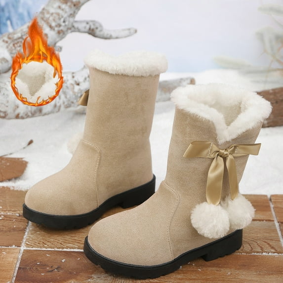 ZHOGXU Big Kids Girls Boots Solid Color Plush Bow Design Flat Sole Comfortable Fashion Shoes For Outdoor Activities Daily Wear Khaki 5-5.5 Years
