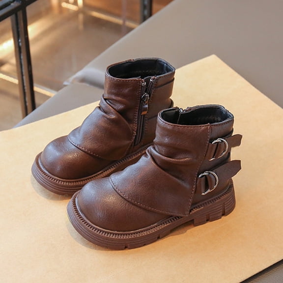 ZHOGXU Big Kids Girls Boots Solid Color Side Zipper Flat Sole Comfortable Fashion Shoes For Outdoor Activities Daily Wear Brown 11.5-12 Years
