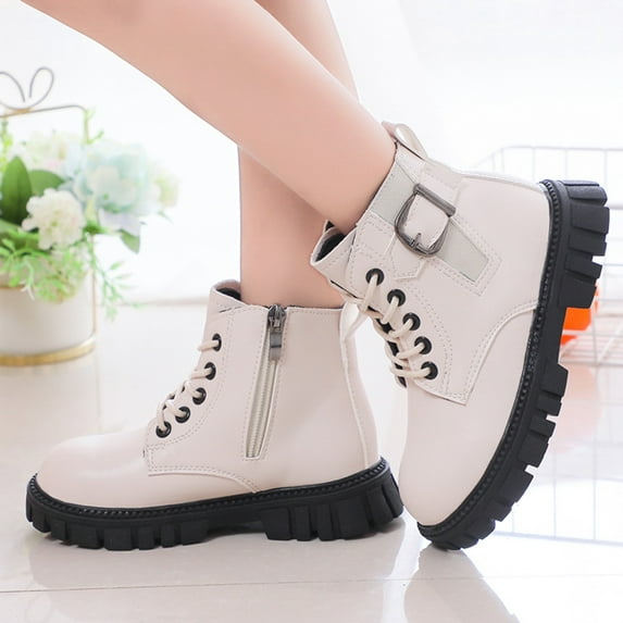 ZHOGXU Big Kids Girls Boots Thick Heel Soft Sole Non Slip Zipper Solid Color Comfortable Fashion Shoes For Casual Daily Wear White 5-5.5 Years