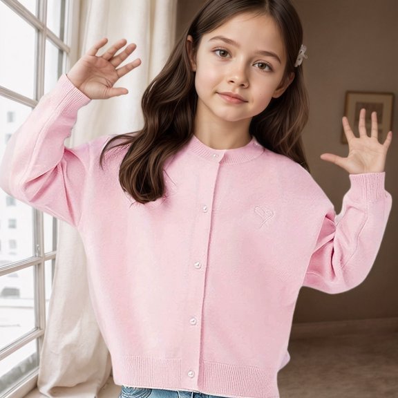ZHOGXU Big Kids Girls Boys Cardigan Sweater Coat Knit Long Sleeve Buttons Solid Color Soft Comfortable Coat For Autumn Winter Daily Wear Pink 7-8 Years