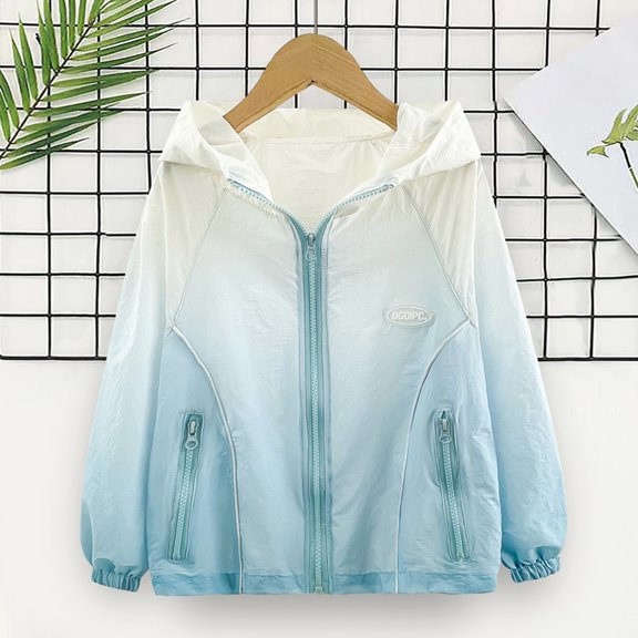 ZHOGXU Big Kids Girls Boys Hooded Jacket With Pocket Long Sleeve Gradient Print Zipper Sun Protection Lightweight Coat For Outdoor Activities Blue 12-13 Years