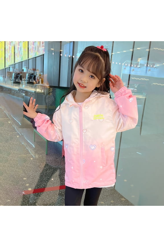 Big Kids Girls Boys Hooded Jacket With Pocket Long Sleeve Zip Up Love Heart Print Windproof Lightweight Comfortable Coat For Outdoor Activities Pink 13-14 Years