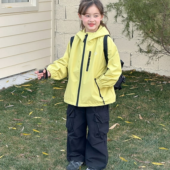 ZHOGXU Big Kids Girls Boys Hooded Jacket With Pocket Long Sleeve Zip Up Solid Color Windproof Lightweight Breathable Comfortable Coat For Outdoor Activities Light Yellow 7-8 Years