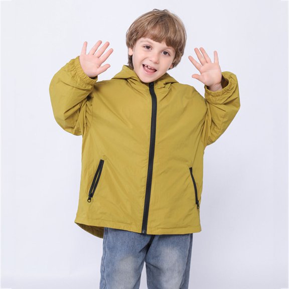 ZHOGXU Big Kids Girls Boys Hooded Jacket With Pocket Long Sleeve Zip Up Solid Color Windproof Lightweight Breathable Comfortable Coat For Outdoor Activities Yellow 7-8 Years