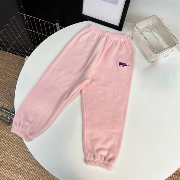 ZHOGXU Big Kids Girls Boys Pants Plush Elastic Waist Cartoon Embroidery Ankle Tied Comfortable Warm Trousers For Daily Wear Light Pink 4-5 Years