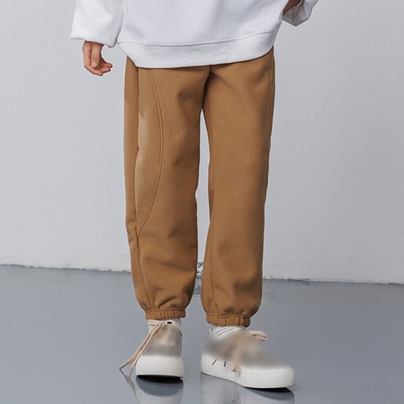 ZHOGXU Big Kids Girls Boys Pants Plush Elastic Waist Solid Color Thickened Comfortable Warm Soft Joggers Trousers For Casual Daily Wear Khaki 5-6 Years