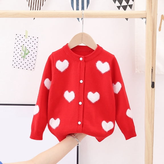 ZHOGXU Big Kids Girls Cardigan Long Sleeve Knit Open Front Buttons Love Heart Print Warm Comfortable Sweater Top For Daily Wear Red 6-7 Years
