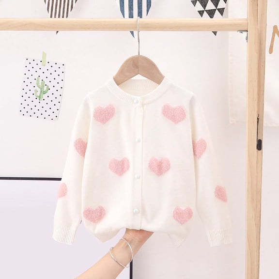 ZHOGXU Big Kids Girls Cardigan Long Sleeve Knit Open Front Buttons Love Heart Print Warm Comfortable Sweater Top For Daily Wear White 2-3 Years