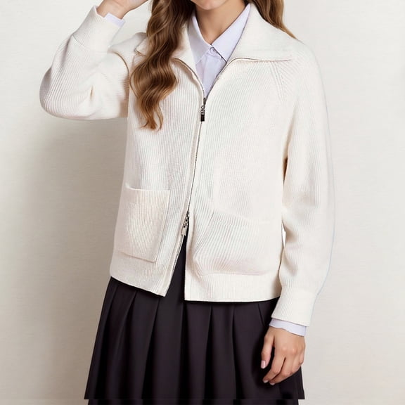 ZHOGXU Big Kids Girls Cardigan Long Sleeve Stand Collar Knit Double Zipper Design Solid Color Warm Comfortable Sweater Top For Daily Wear White 6-7 Years