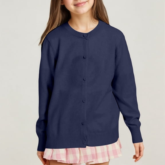 ZHOGXU Big Kids Girls Cardigan Sweater Coat Knit Long Sleeve Round Neck Open Front Buttons Solid Color Soft Comfortable Coat For Autumn Winter Daily Wear Navy 8-9 Years