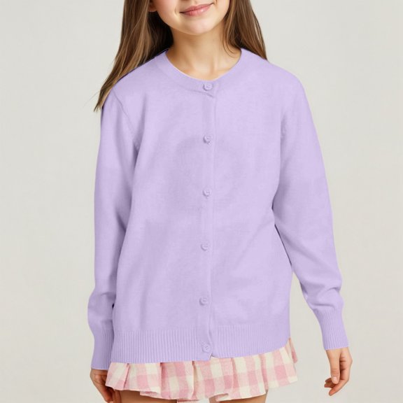 ZHOGXU Big Kids Girls Cardigan Sweater Coat Knit Long Sleeve Round Neck Open Front Buttons Solid Color Soft Comfortable Coat For Autumn Winter Daily Wear Purple 2-3 Years