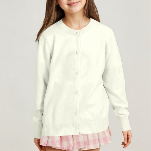 ZHOGXU Big Kids Girls Cardigan Sweater Coat Knit Long Sleeve Round Neck Open Front Buttons Solid Color Soft Comfortable Coat For Autumn Winter Daily Wear Beige 6-7 Years