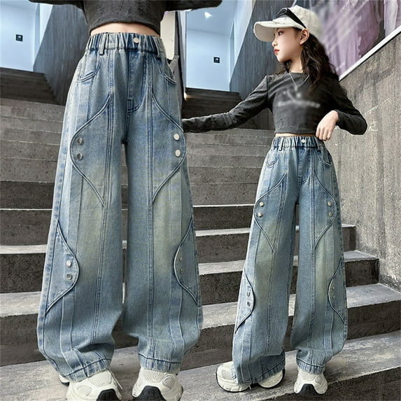 ZHOGXU Big Kids Girls Denim Pants With Pocket Elastic Waist Straight Fit Wide Leg Soft Comfortable Stretch Jeans Trousers For Daily Wear Blue 4-5 Years