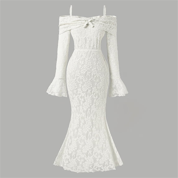 ZHOGXU Big Kids Girls Dress Flared Sleeve Off Shoulder Lace Detail Solid Color Comfortable Stylish Dresses For Party And Performance White 7-8 Years