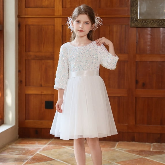 ZHOGXU Big Kids Girls Dress Long Sleeve Round Neck Sequins Mesh Comfortable Stylish Dresses For Party And Performance White 15-16 Years
