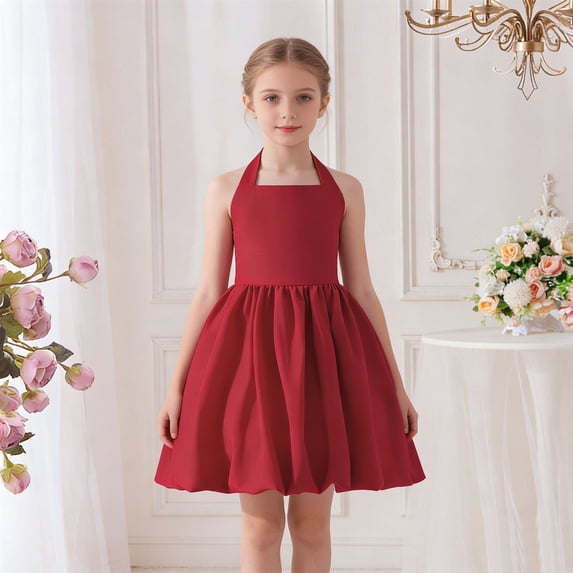 ZHOGXU Big Kids Girls Dress Sleeveless Halter Neck Solid Color Lace Up Comfortable Stylish Tutu Dresses For Holiday Celebration Formal Party Red 11-12 Years