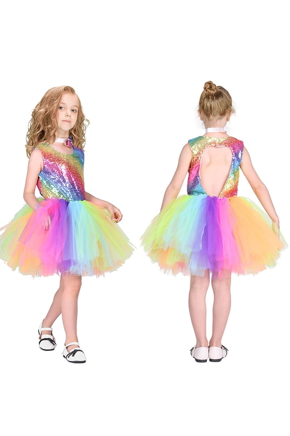 Big Kids Girls Dress Sleeveless Round Neck Rainbow Sequin Mesh Comfortable Stylish Tutu Dresses For Party And Performance Multicolour 2-3 Years