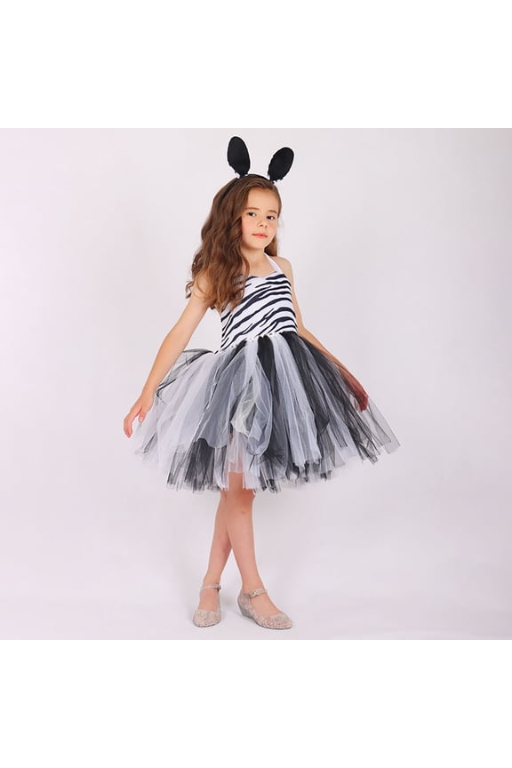 Big Kids Girls Dress Sleeveless Suspenders Leopard Print Mesh Comfortable Stylish Tutu Dresses For Party And Performance Grey 5-6 Years