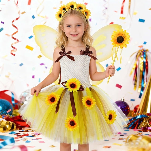 ZHOGXU Big Kids Girls Dress Sleeveless Suspenders Sunflower Design Mesh Comfortable Stylish Tutu Dresses For Party And Performance Yellow 6-12 Month