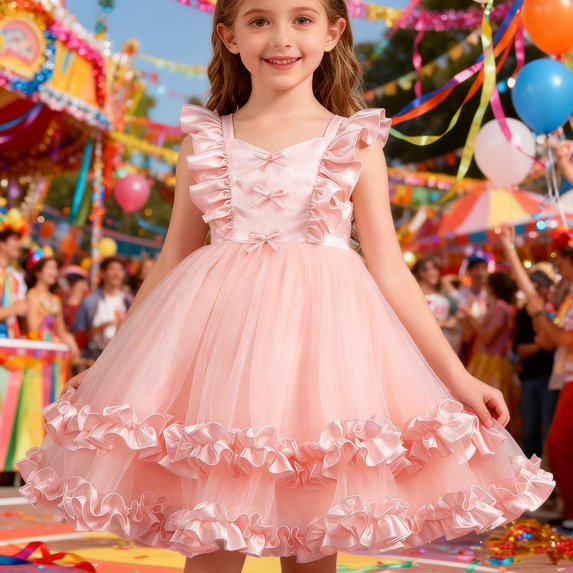 ZHOGXU Big Kids Girls Dress Sleeveless V Neck Solid Color Mesh Comfortable Stylish Tutu Dresses For Party And Performance Light Pink 4-5 Years