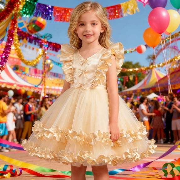 ZHOGXU Big Kids Girls Dress Sleeveless V Neck Solid Color Mesh Comfortable Stylish Tutu Dresses For Party And Performance Light Yellow 2-3 Years