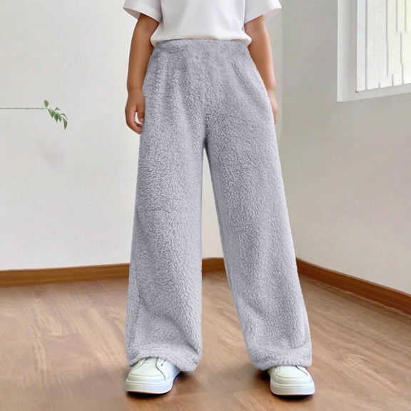 ZHOGXU Big Kids Girls Fuzzy Pajama Pants Elastic Waist Solid Color Wide Leg Comfortable Loose Fit Soft Thermal Sleepwear For Everyday Wear Grey 12-13 Years