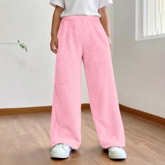 ZHOGXU Big Kids Girls Fuzzy Pajama Pants Elastic Waist Solid Color Wide Leg Comfortable Loose Fit Soft Thermal Sleepwear For Everyday Wear Pink 13-14 Years