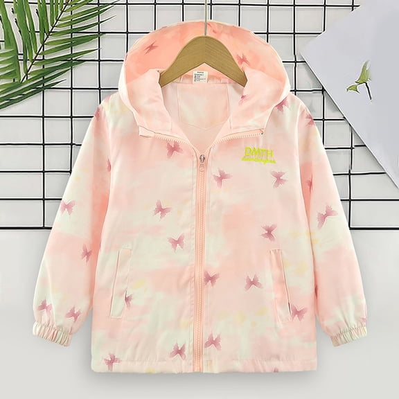 ZHOGXU Big Kids Girls Hooded Jacket With Pocket Long Sleeve Windproof Gradient Butterfly Print Zipper Lightweight Comfortable Coat For Outdoor Activities Pink 3-4 Years