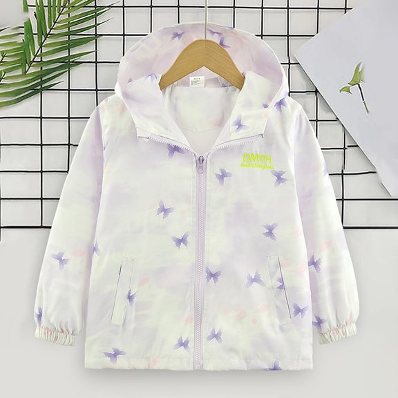 ZHOGXU Big Kids Girls Hooded Jacket With Pocket Long Sleeve Windproof Gradient Butterfly Print Zipper Lightweight Comfortable Coat For Outdoor Activities Purple 7-8 Years