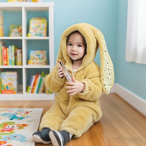 ZHOGXU Big Kids Girls Hooded Jumpsuit Long Sleeve Solid Color Cute Rabbit Plush Themed Comfortable Warm Soft Romper For Autumn Winter Daily Wear Yellow 2-3 Years