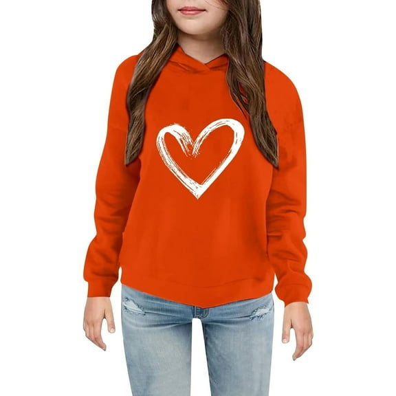 ZHOGXU Big Kids Girls Hoodies Long Sleeve Love Heart Print Fashionable Loose Fit Sweatshirt For Casual Daily Wear Orange 2-3 Years